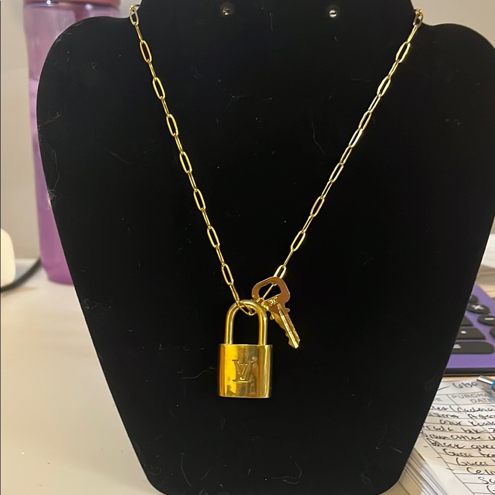 Louis Vuitton lock and key on gold chain charm necklace 18”
